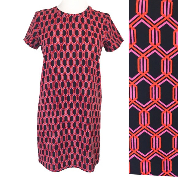 Adrienne Vittadini Black Pink Orange Geometric Short Sleeve Shift Mini Dress 4 - Picture 1 of 13